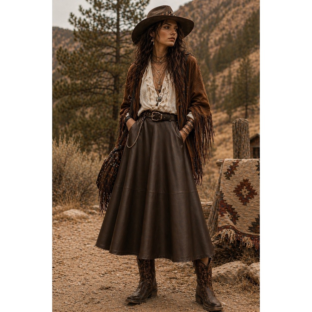 H&M Edition Brown Faux Leather Midi Skirt Size 12 High Waist Goblincore Western